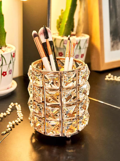 JOSALINAS Golden Crystal Makeup Brushes Holder Organizer for Cosmetics Comb Brushes, Eyebrow Pen Pencil Storage Case Container, Golden