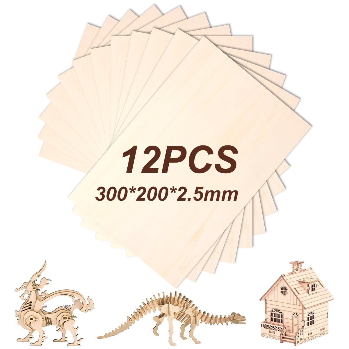 Philorn Basswood Sheets 12" x 8" x 1/10 Inch, 12 Pack Plywood Sheets 2.5mm Unfinished for Laser Cutting and Engraving, Crafts, Architectural Models Making, Wood Burning, Staining