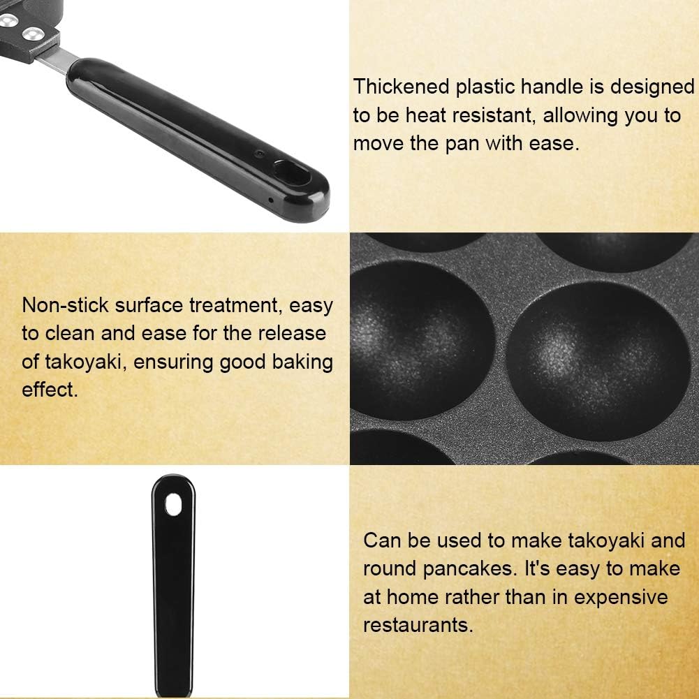 Junluck Non-Stick Pancake Pan, 12 Cavities Aluminum Baking with Plastic Handle, Grill Pan Plate for Takoyaki