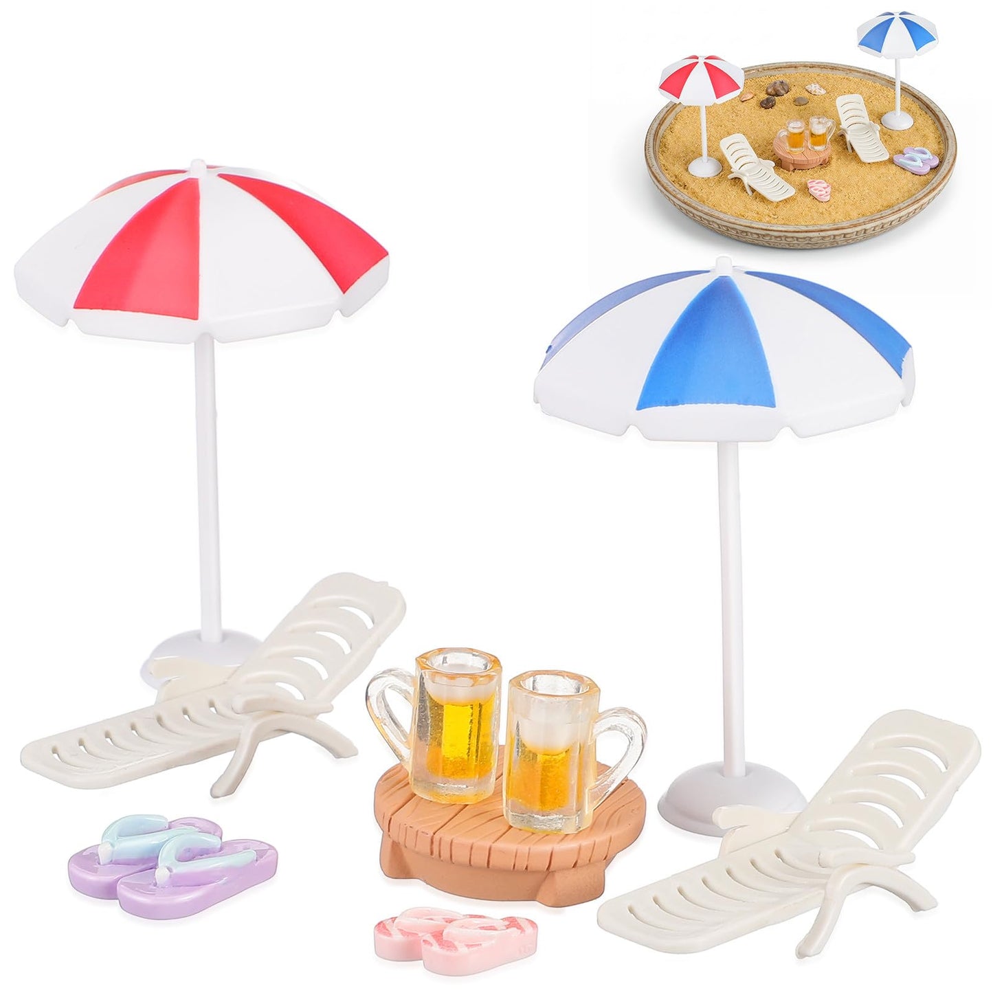 9pcs Miniature Beach Decor - Mini Umbrella Chair Table and Drinks Set for Dollhouse Furniture, Beach Cake Decorations Toppers - Micro Resin Miniature Dollhouse Accessories for Fairy Garden, Pool