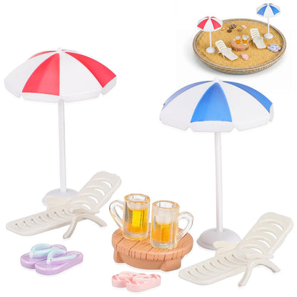 9pcs Miniature Beach Decor - Mini Umbrella Chair Table and Drinks Set for Dollhouse Furniture, Beach Cake Decorations Toppers - Micro Resin Miniature Dollhouse Accessories for Fairy Garden, Pool