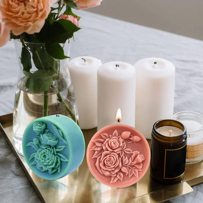 2PCS Round Flower Soap Molds for Soap Making, Rose Resin Candle Mold Silicone, Bath Bombs Lotion Bar Silicone Mold, 3D Mold for Soap Candle Beeswax Making, Handmade Cake Chocolate Biscuit Ice Pudding