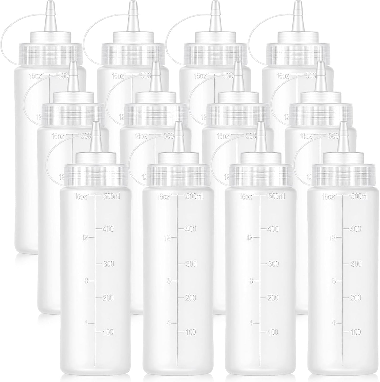12 pack 16 Oz Bekith Wide Mouth Plastic Squeeze Condiment Bottles with Twist On Cap Lids and Discrete Measurements