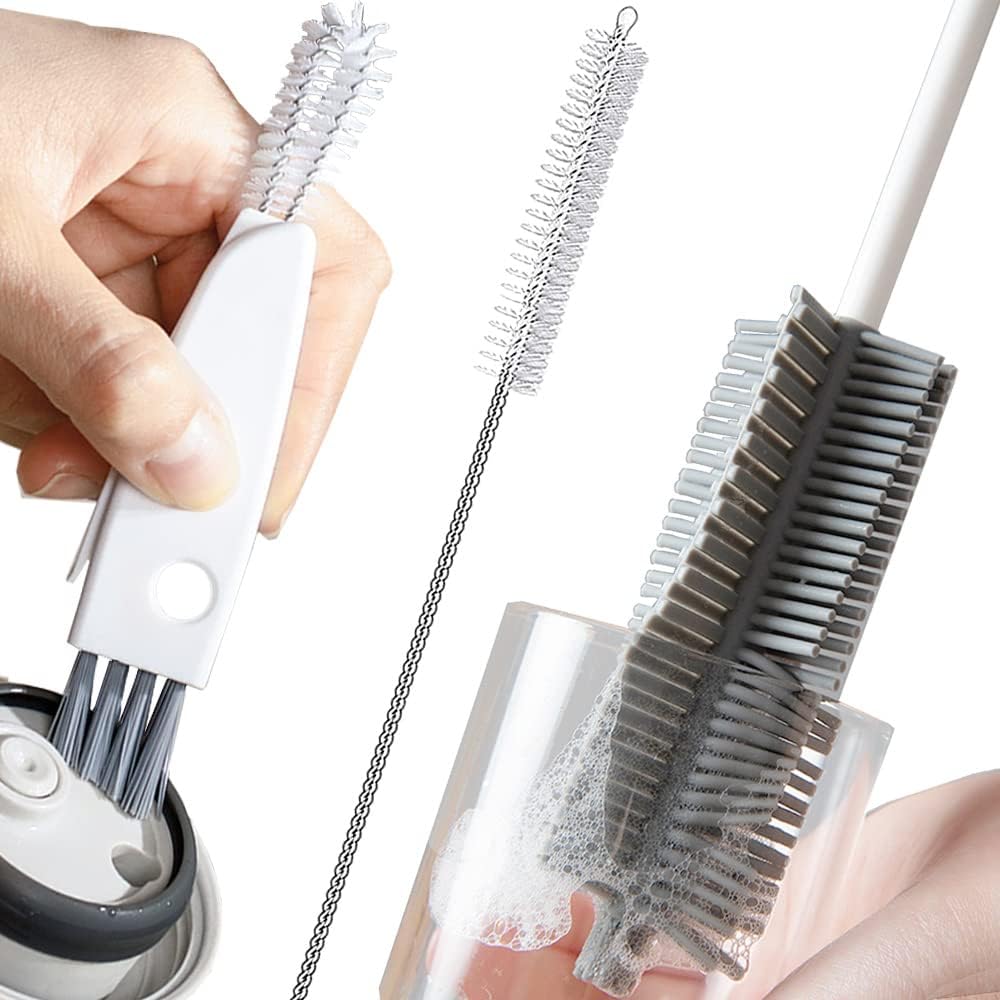 Bottle Cleaning Brush Set, 3pcs Long Handle Silicone Cleaner Brushes + Thermos Lid Cup Brush + Drinking Straw Brush