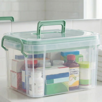 Goaste 15QT Clear Medicine Organizer Box with Handle, Plastic Medicine Container with Detachable Tray, Portable First Aid Bin Empty, Multipurpose Medical Storage Case for Home, Craft Supplies, Green