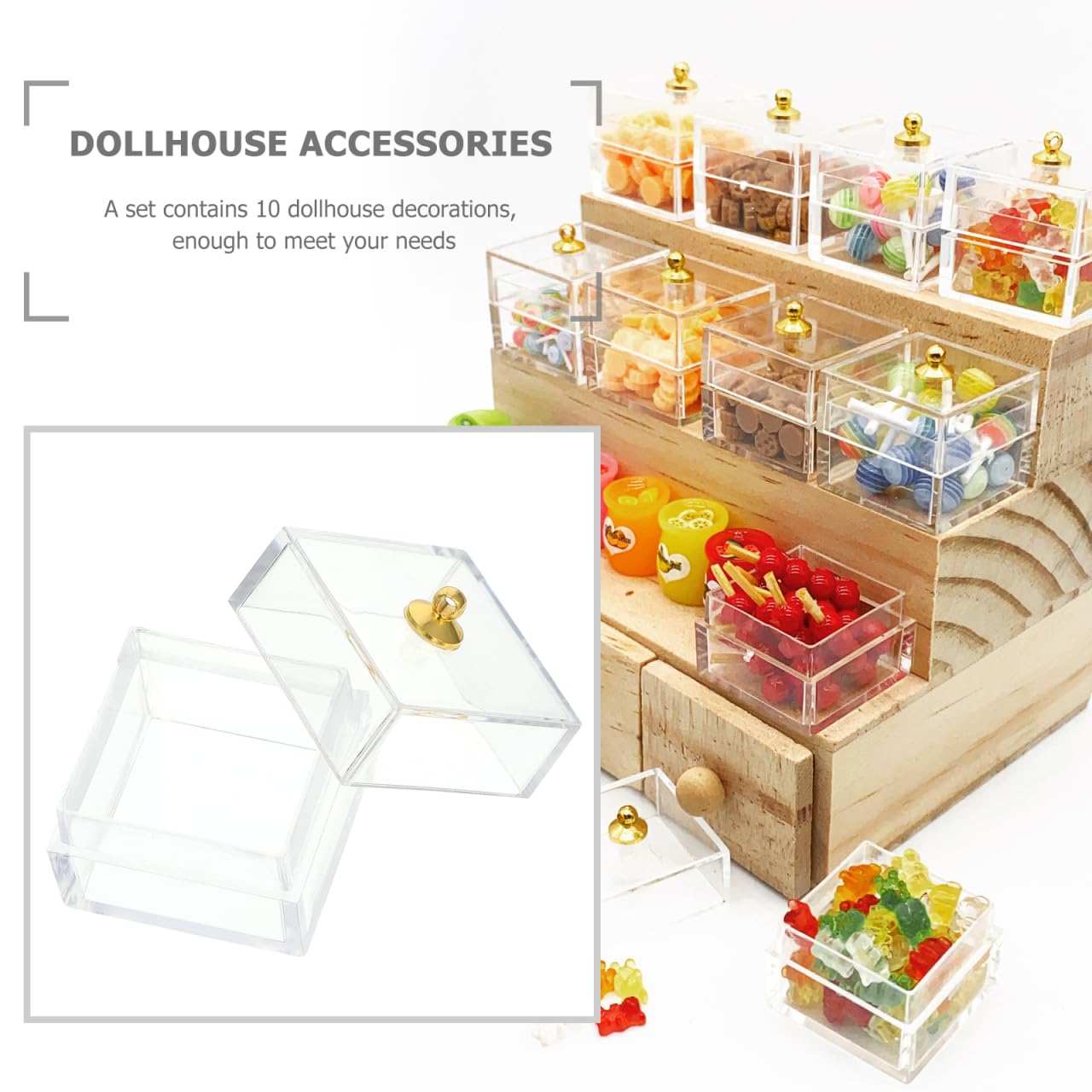 10Pcs Miniature Dollhouse Candy Boxes with Lids, 1:12 Scale Clear Plastic Display Jars, Tiny Food Containers for Doll House Bakery Shop Accessories, 1-inch Mini Treat Box for Crafts & DIY Decor