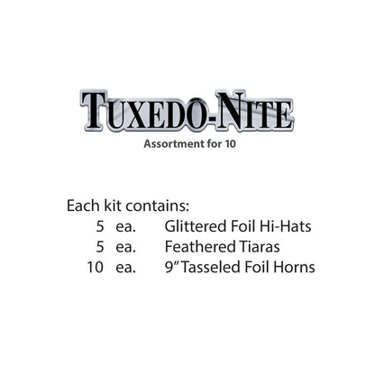 Beistle Tuxedo-Nite New Years Eve Party Assortment for 10 People- NYE Glittered Top Hats, Feathered Tiaras, Tassel Horns, Made in USA Since 1900