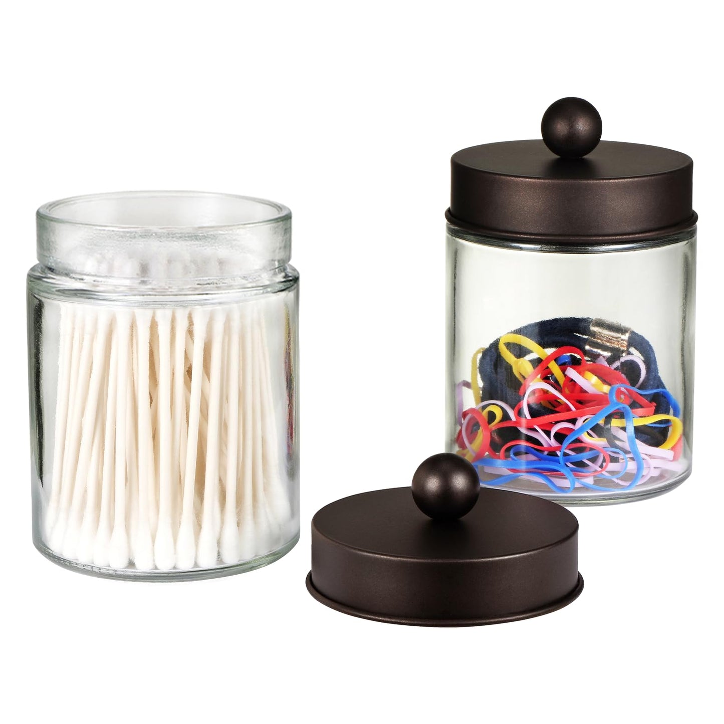 SheeChung Qtip Dispenser Holder 4pcs, Glass Apothecary Jars with Bronze Stainless Steel Lids &Stickers, Countertop Canister Guest Bathroom Storage Organizer Set for Cotton Swabs/Balls, Floss Picks
