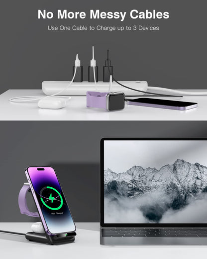 Wireless Charging Station,3 in 1 Charging Stand Made for Apple Watch Ultra 11 10 9 8 7 6 SE 5 4 3,Fast Wireless Charger Made for iPhone 17/Air/16/15/14/13/12,for AirPods Pro(with Adapter) (Black)