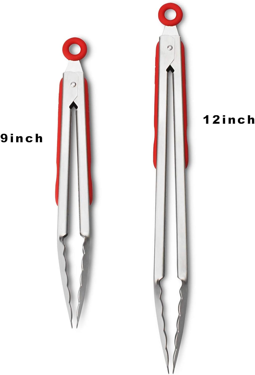 304 Stainless Steel Kitchen Cooking Tongs, 9" and 12" Set of 2, Sturdy Grilling Barbeque Locking Food Tongs