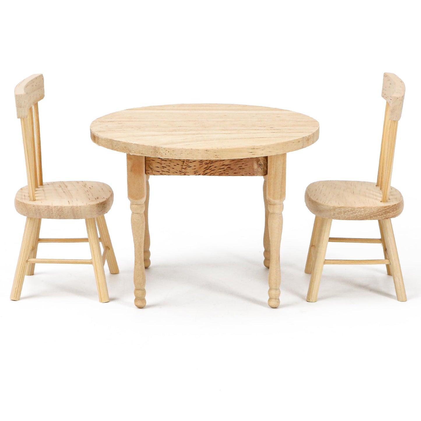 1/12 Miniature Dollhouse Round Table and 2 Chairs Dining Set, Mini Wooden Unpainted Burlywood Barbie Kitchen Furniture Accessories
