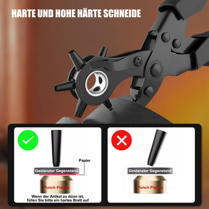 Diyife® Leather Hole Punch, Heavy Duty Belt Hole Punch, Revolving Punch Plier Kit with Extra Grinding Needle, Punch Plates, Ruler and 6 Marked Hole Sizes for Watch Band, Crafting, Fabric - Black
