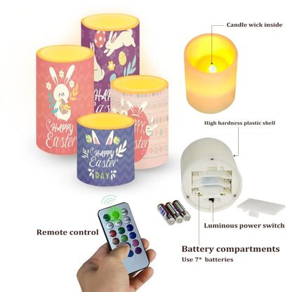 Cozeyat LED Candles 4 Packs,Happy Easter Design Electric Candles in Warm Yellow,Flicketing Votive Led Tea Lights Battery Opreated,Plastic Wax Pillar Moving Tealights for Indoor Outdoor