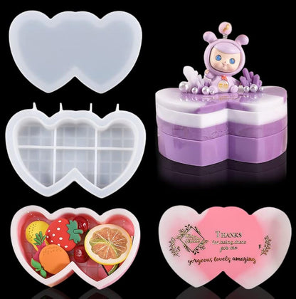 DeryArcle 2Pcs Double Heart Box Resin Mold Jewelry Case Silicone Molds with lid Trinket Storage Mould Container Epoxy Resin Casting Moulds for DIY Cosmetic Candy Organizer Craft Home Decor