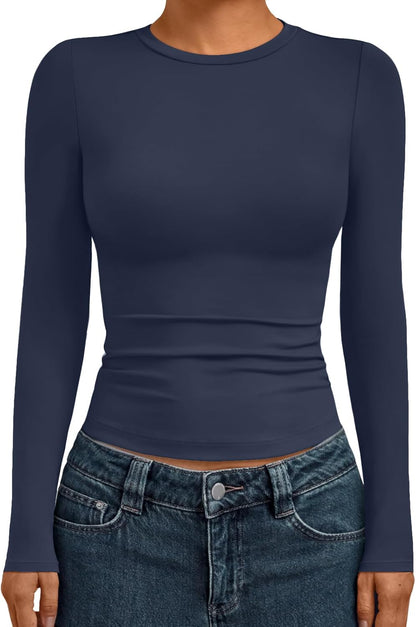 AUTOMET Womens Long Sleeve Shirts Basic Compression Going Out Crop Tops Fall Fashion Y2K Clothes 2025