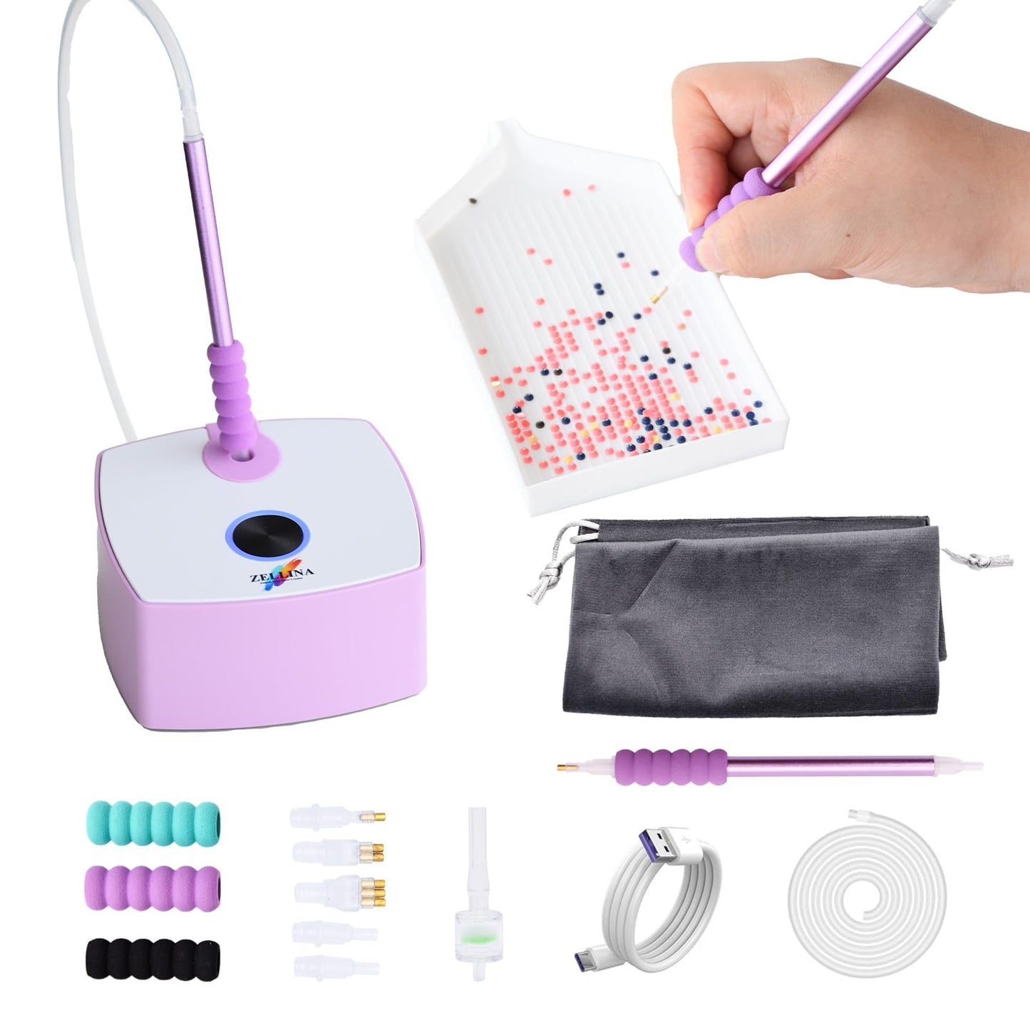 Zellina Electric Diamond Painting Pen, Vacuum Diamond Art Pens Tools and Accessories with Storage Tray, for Setting AB Stones Without Wax, Quiet and Long-Lasting (Purple)