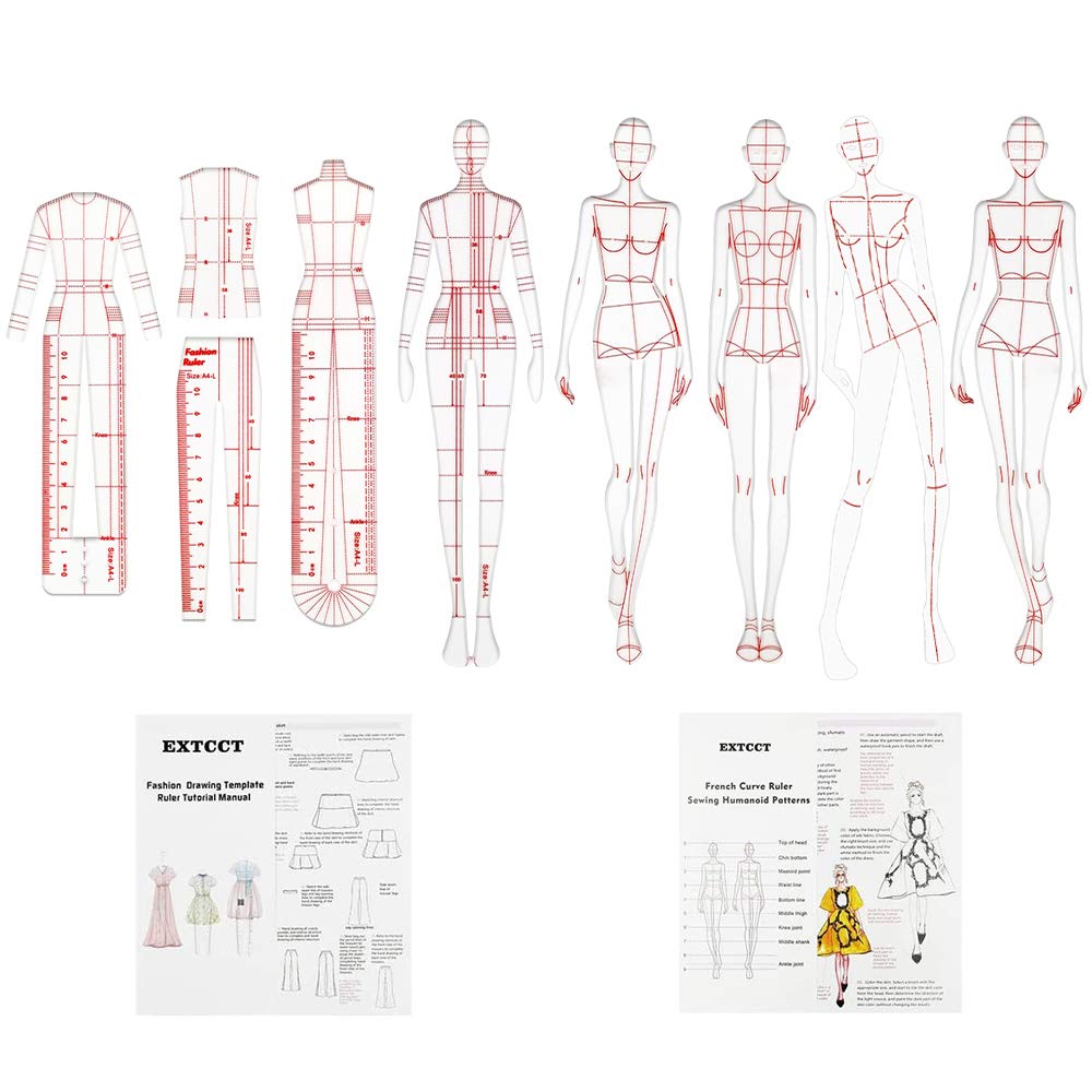 EXTCCT Fashion Drawing Template Ruler Set, Woman Sewing Humanoid Patterns Design, Clothing Measuring French Curve Rulers A4 Pattern Paper Draft Drawings
