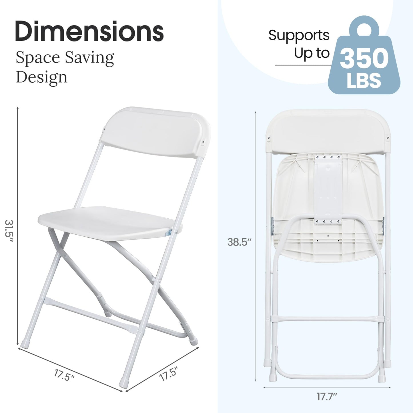EDWINENE White Foldable Plastic Chairs Set of 20 Portable Folding Chair Stackable 350lb Capacity Sturdy Seats for Parties Events Wedding Banquet Garden Patio Kitchen Dining Indoor Outdoor Use