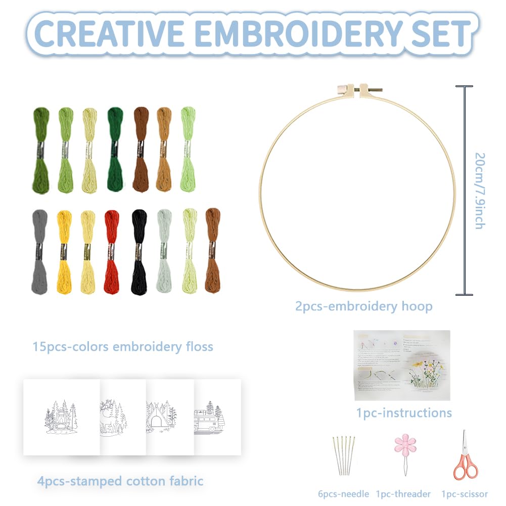 FREEBLOSS 4 Sets Embroidery Kit for Beginners Needlepoint Embroidery Starter Kit with Camping Stamped Patterns, Instructions, Colored Threads, 2 Hoops 20cm/7.9inch
