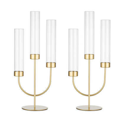 Sziqiqi Gold Candelabra for Wedding Centerpiece: 3 Arm Candle Holders with Cylinder for Taper Candle Stick - Metal Candlestick Holders Set of 2 for Christmas Engagement Table Decor