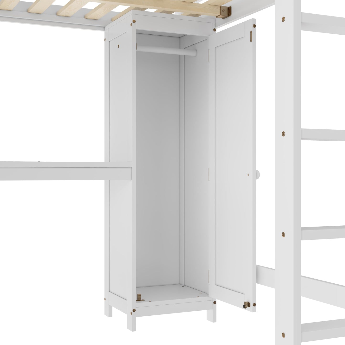 Bellemave Solid Wood Queen Size Loft Bed with Desk and Wardrobe,Loft Bed Frame with Storage Shelves and Bookcase for Kids,Teens,Adults,Queen Size,Space Saving,White