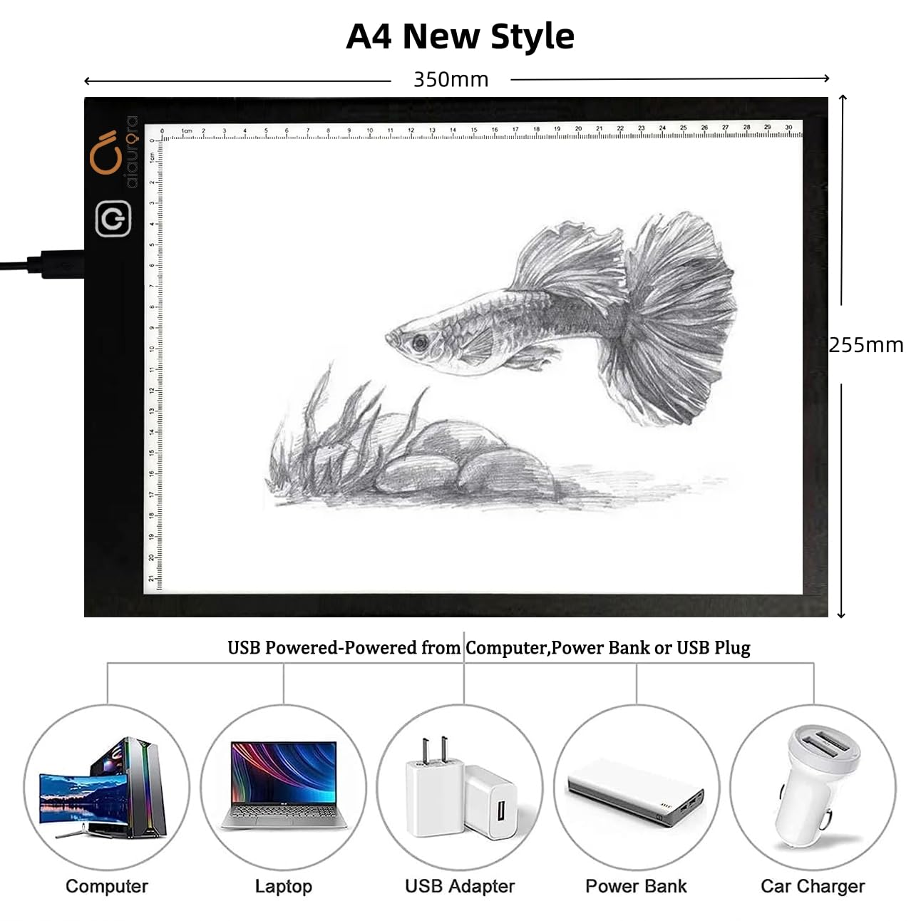 AIAURORA Upgraded A4 LED Light Tracing Drawing Board, Ultra-Thin Dimming USB Power Art Craft Scaled LED Light Pad for Tattoo Drawing, Diamond Painting, Streaming, Sketching, Stenciling (A4-New)