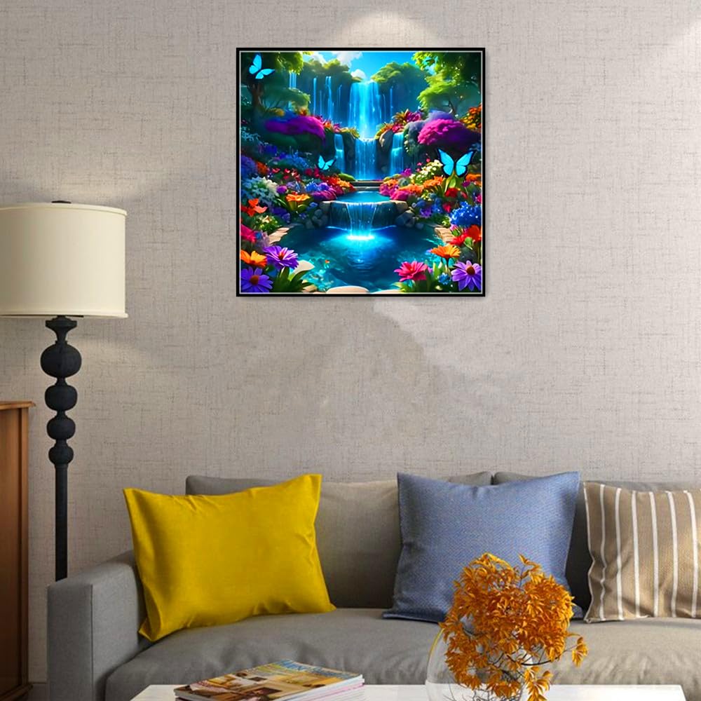 MMAHD 5D Diamond Painting Kit, Enchanted Waterfall Garden with Blue Butterflies, Full Drill Crystal Rhinestone Embroidery Art, Nature Scene (Landscape)
