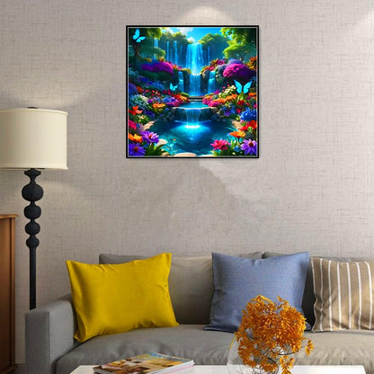 MMAHD 5D Diamond Painting Kit, Enchanted Waterfall Garden with Blue Butterflies, Full Drill Crystal Rhinestone Embroidery Art, Nature Scene (Landscape)