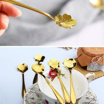 Stainless Steel Creative Flower Coffee Spoon Set - Sugar Spoon, Stirring Spoon, Ice Tea Spoon, Gold, Set of 8