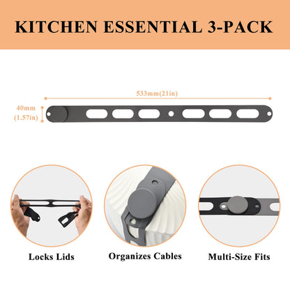 3-Pack Silicone Latch Strap for Slow Cooker Lid, Pot, Bento Box, Adjustable Length and Reusable Elastic Self-Lock Silicone Tie for Bundling or Organizing Curtain, Cords, Yoga Mat, Camping Mat (21 in)