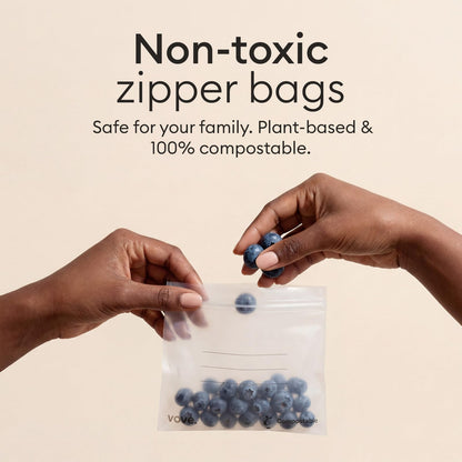 Vove Compostable Snack Bags 50 Ct – PFAS-Free, BPI Certified, Freezer Safe with Airtight Seal for Snacks & School Lunches, Plant-Based