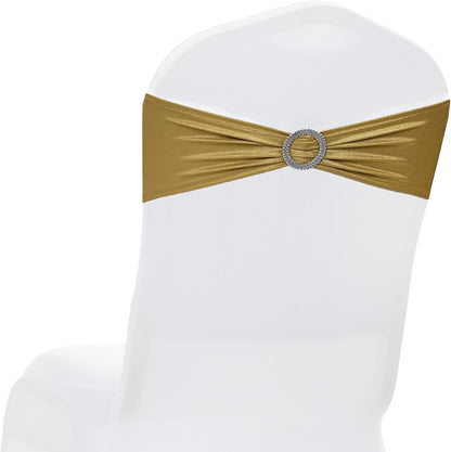 MDS Spandex Foil Chair Sashes - Universal Elastic Stretch Bands with Buckle for Weddings | Metallic Gold - Pack of 10