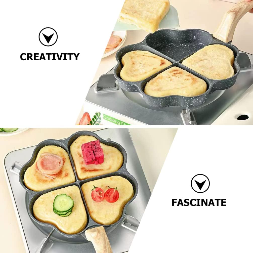Hemoton Heart Shape Egg Frying Pan, Aluminum Non Stick Skillet with Wooden Handle for Omelets, Pancakes, and Breakfast