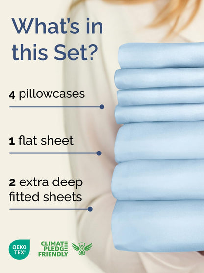 Skiennix Extra Deep Split King Sheet Set - 7-Piece Breathable Cooling Bedding - Soft, Wrinkle-Free Light Blue
