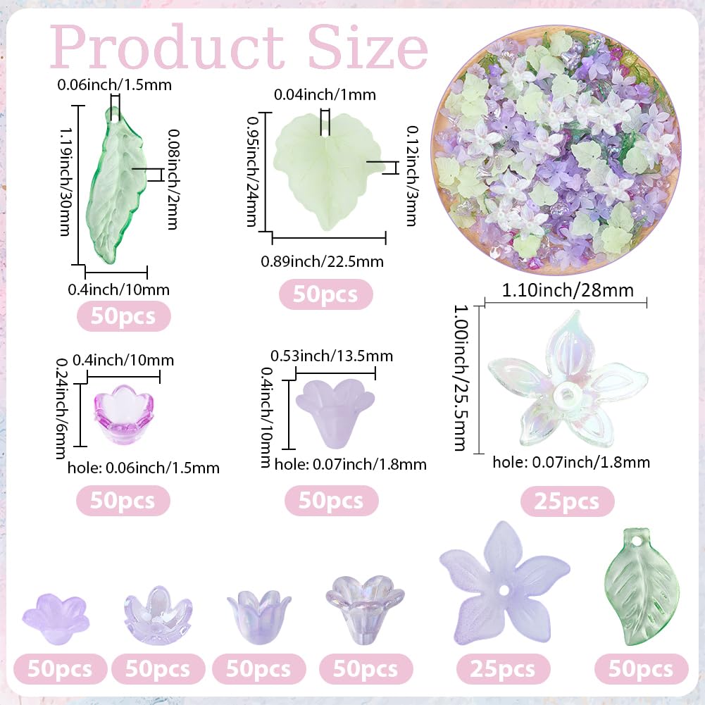 BEAMARKER 500Pcs Acrylic DIY Flower Leaf Beads Kits Including Assorted Purple Flower Loose Beads Maple Leaf Pendants Charms Acrylic Floral Caps for Earring Bracelet Necklace Craft Jewelry Making