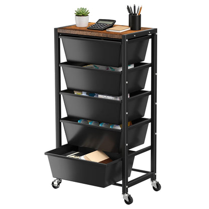 Rolling Cart with 5 Drawers, Plastic Drawer Storage Carts with Wheels & Wooden Tabletop, Metal Utility Cart for Office Bedroom Living Room Classroom, Craft Organization and Storage, Black