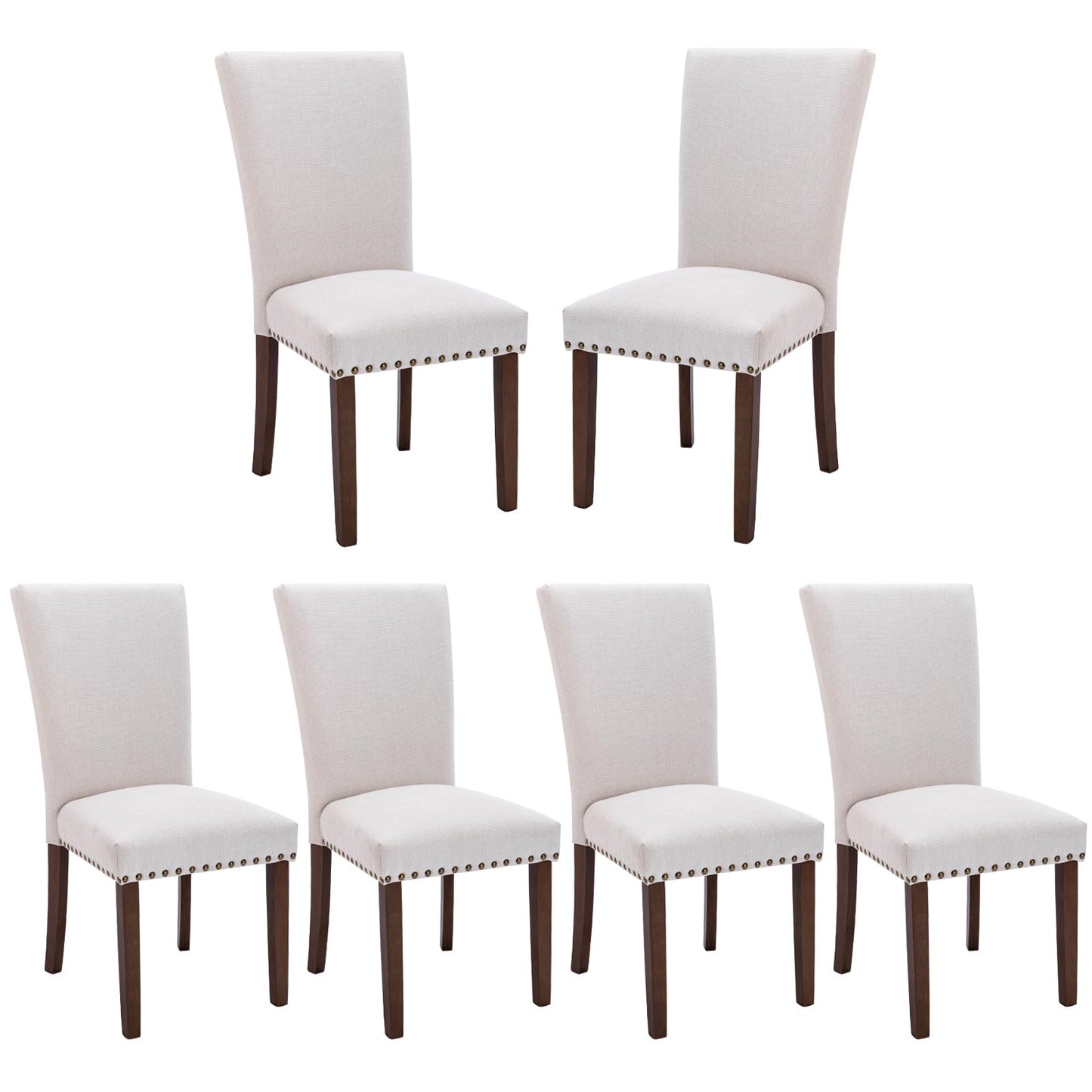 COLAMY Upholstered Dining Chairs Set of 6, Parsons Style Side Chairs with Nailhead Trim and Solid Wood Legs, Comfortable Linen Fabric for Kitchen & Dining Room – Beige