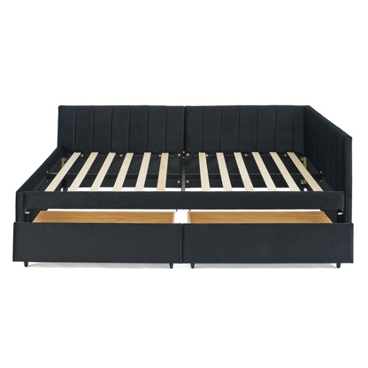Ball & Cast Full Size Daybed with Two Storage Drawers,Velvet Upholstered Day Bed Frame with Channel Tufted Backrest & Armrest,Wood Slats Support,No Box Spring Needed,for Bedroom Guestroom,Black