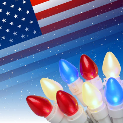 4th C3 13.5 50 GlowVibe Red White and Blue String Lights, of July, Glass ft LED Plug in Lights for Home Patio Garden