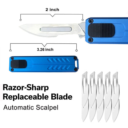 Caressolove Automatic Utility Knife, Safety Black Box Cutter Retractable, EDC Push Button Knife, Exacto Scalpel Knife, 10PCS #23 Razor Blades Pocket Knife with Clip (Blue)