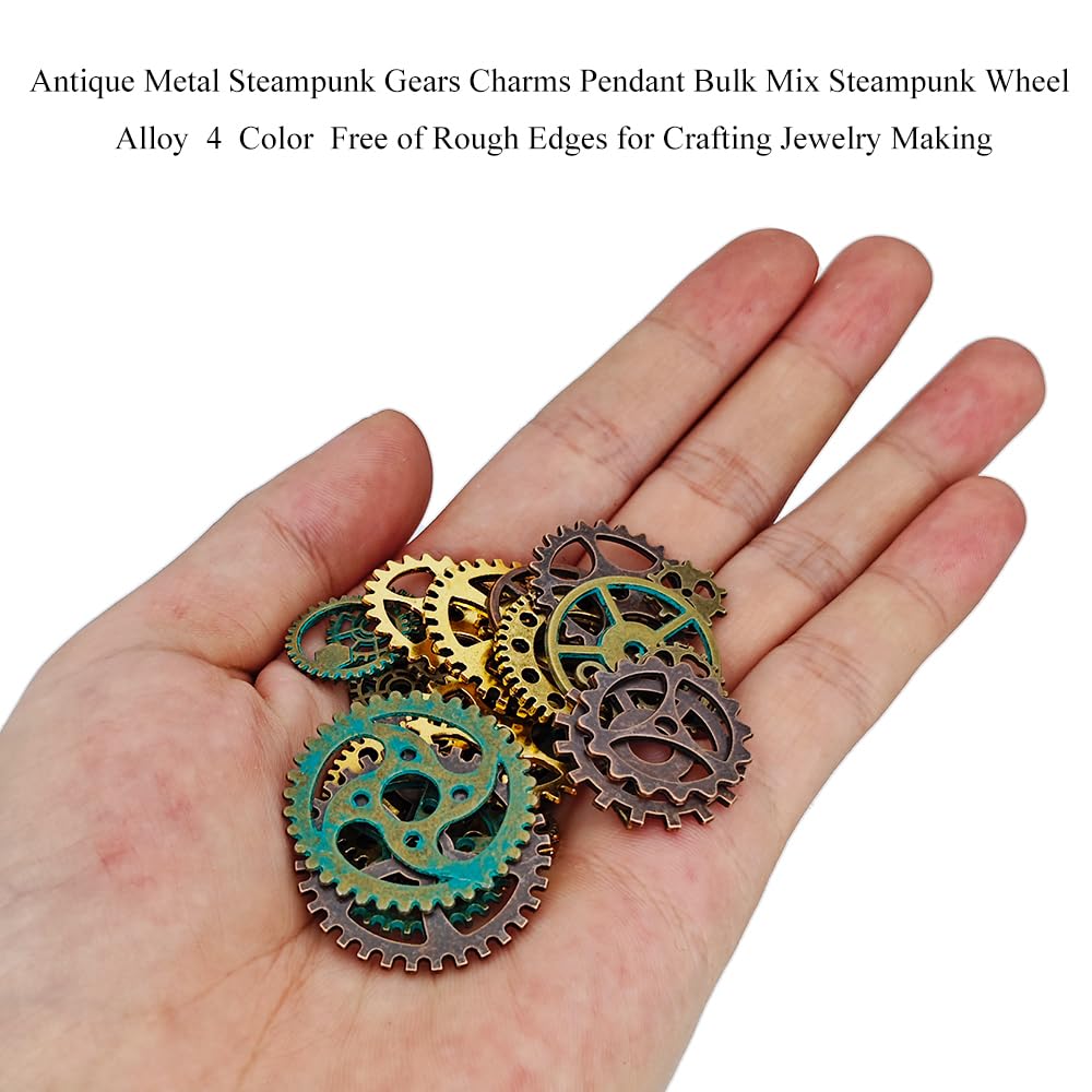 Antique Metal Steampunk Gears Charms Pendant Bulk Mix Steampunk Wheel Alloy Gear 200 Gram about 260 Pieces Different Size 4 Color Antique Metal Free of Rough Edges for Crafting Jewelry Making