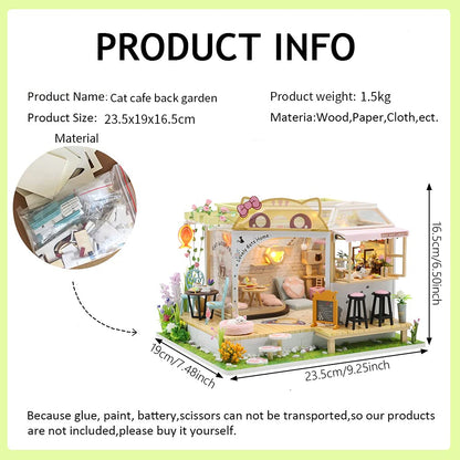 Cat Cafe Wooden Miniature Dollhouse Kit DIY Pet Cat Coffee Shop Building Model Accessories with Furniture LED Light Music Box Birthday (Without Dust Cover)