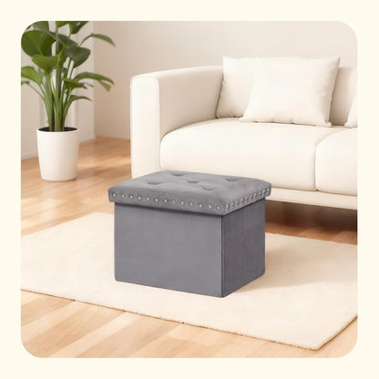 Grey,16.5"x12.6"x12.6" PINPLUS Storage Ottoman with Benches Foot Rest Stool, Folding Velvet Shoes Chest for Bedroom