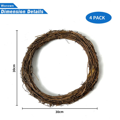 Worown 4-Pack 12 Inch Natural Grapevine Wreaths, Rattan Vine Wreath for DIY Christmas Crafts, Front Door Wall Hanging, Wedding and Party Decorations
