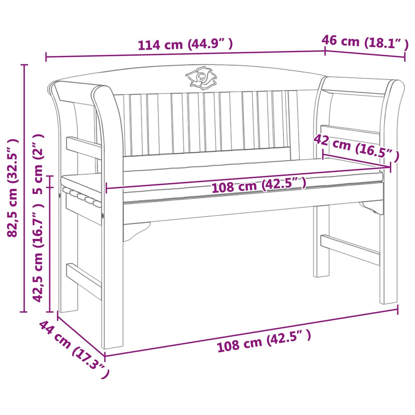 GFDWPUY Outdoor Rose Bench Hand Carved Solid Acacia Wood 44.88 x 18.11 x 32.48 in Natural Finish for Balcony Garden Patio