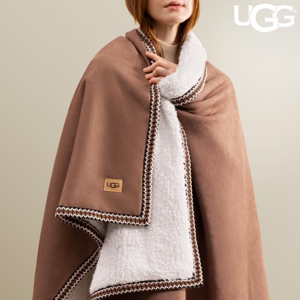 UGG Braid Reversible Throw Blanket – Ultra Soft Throw with Faux Suede and UGGFluff, Cozy Accent for Bedroom or Living Room Decor, Birthday Gifts for Women (Brown, Throw - 50" x 70")