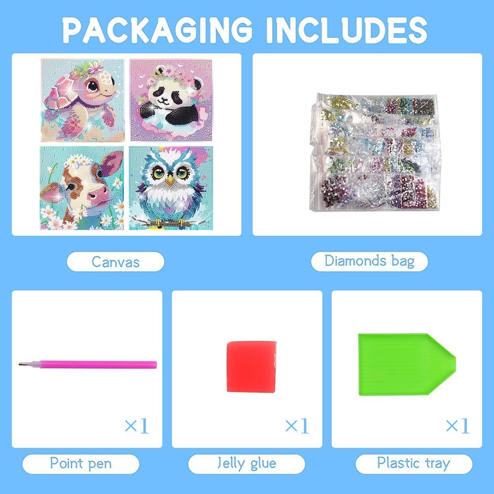 PERFECTSIGHT Cute 5D Diamond Art Kits, Kawaii DIY Painting Art for Adults Teen, 4 Pack Diamond Arts and Crafts Sets, Big Gem Full Drill Diamond Dots for Women (Animal)