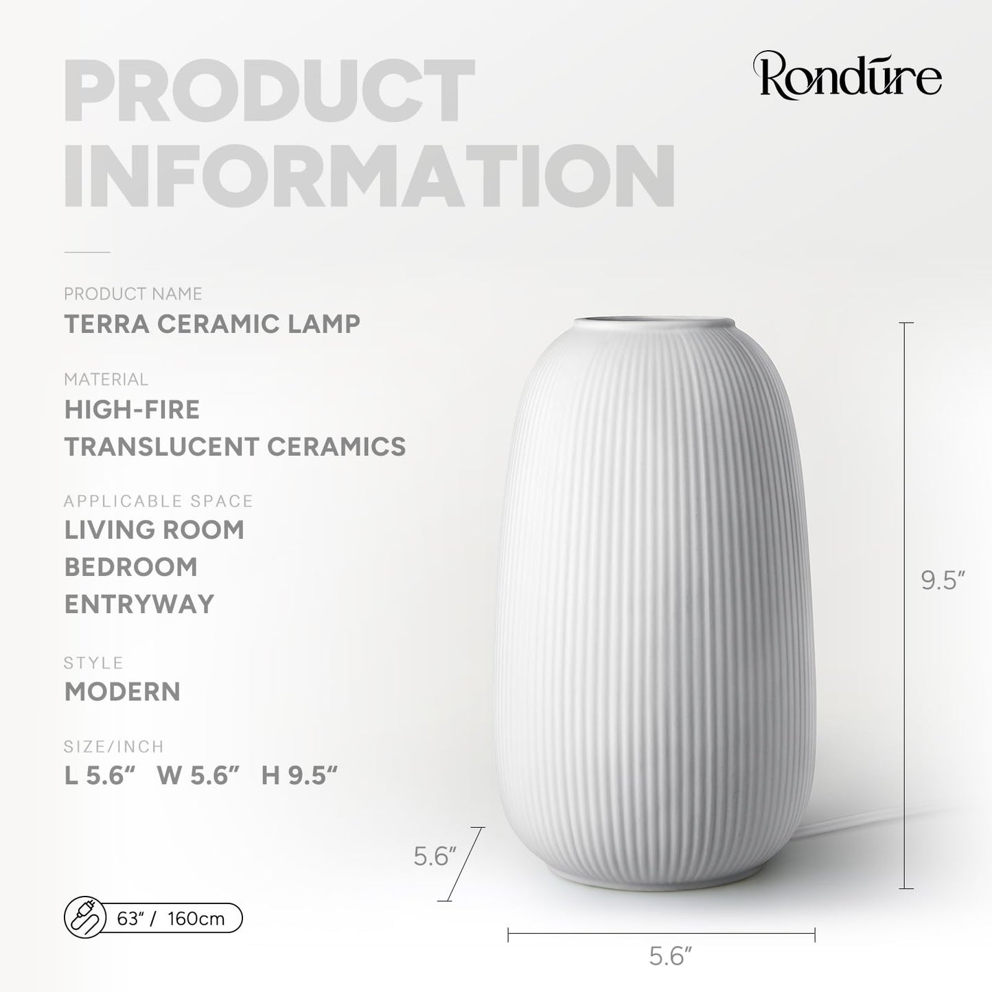 RONDURE 9.5" Modern Ceramic Table Lamp, Fully Dimmable Bedside Lamp for Bedroom Living Room Nightstand, White Translucent Ceramic Shade, Warm Ambient Decorative Corded Lighting, Bulb Included