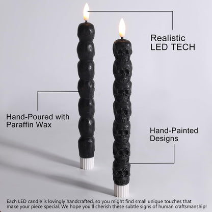 Eywamage Halloween Flameless Taper Candles with Remote, Spooky Black Skull LED Candlesticks Battery Operated Flickering Real Wax Set of 2