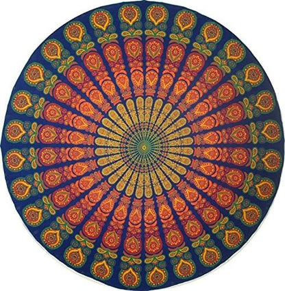 Handmade Sanganeer Peacock Mandala 72" Round Tablecloth, 100% Cotton, Gorgeous Blue Gray